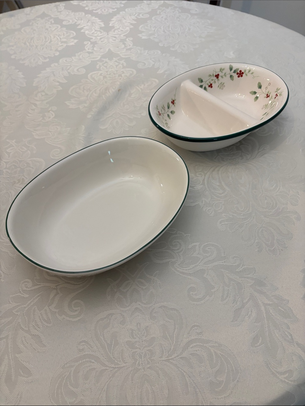 Pfaltzgraff White Serving Bowls with Green Trim and Floral Accent never used